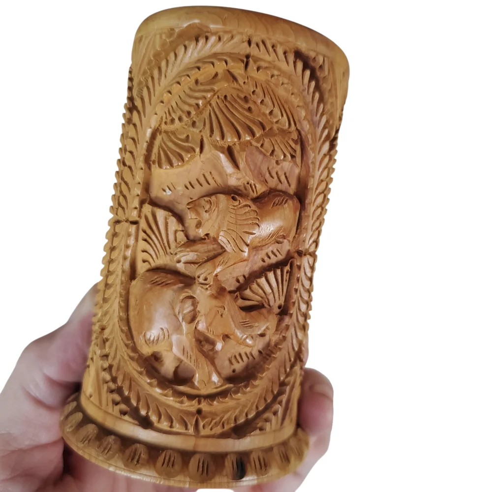 Vintage Hand-Carved Wooden Pen Holder - African Wildlife & Jungle Scene